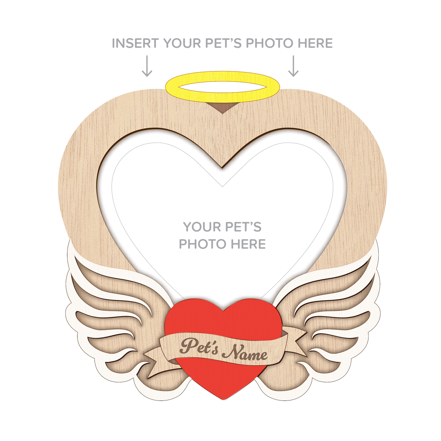 Wooden Angel Wing Heart Pet Photo Frame – Wall Hanging – Personalisable (NATURAL/RED/WHITE/YELLOW)