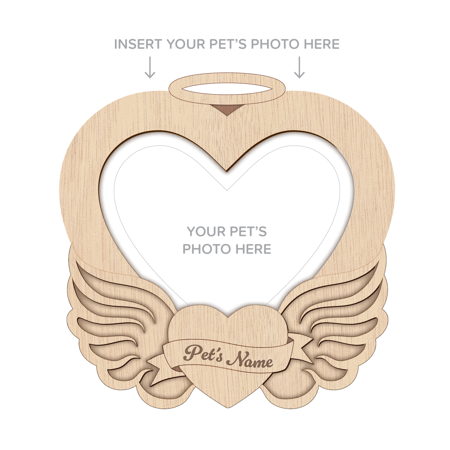 Wooden Angel Wing Heart Pet Photo Frame – Wall Hanging – Personalisable (NATURAL)