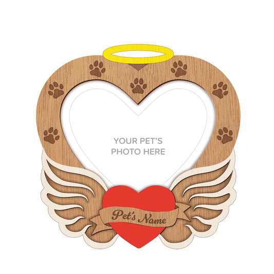 Wooden Angel Wing Heart Pet Photo Frame – Wall Hanging – Personalisable (OAK/RED/WHITE/YELLOW)