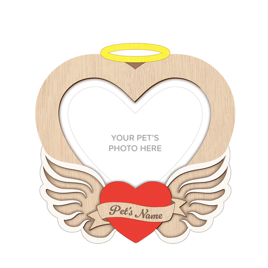 Wooden Angel Wing Heart Pet Photo Frame – Wall Hanging – Personalisable (NATURAL/RED/WHITE/YELLOW)