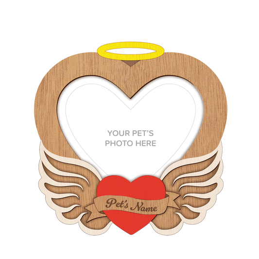 Wooden Angel Wing Heart Pet Photo Frame – Wall Hanging – Personalisable (OAK/RED/WHITE/YELLOW)