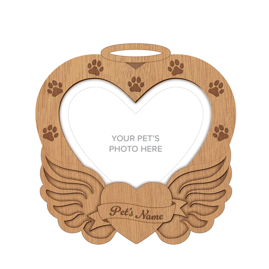 Wooden Angel Wing Heart Pet Photo Frame – Wall Hanging – Personalisable (OAK)