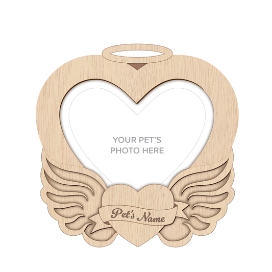 Wooden Angel Wing Heart Pet Photo Frame – Wall Hanging – Personalisable (NATURAL)