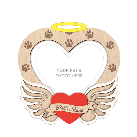 Wooden Angel Wing Heart Pet Photo Frame – Wall Hanging – Personalisable (NATURAL/RED/WHITE/YELLOW)