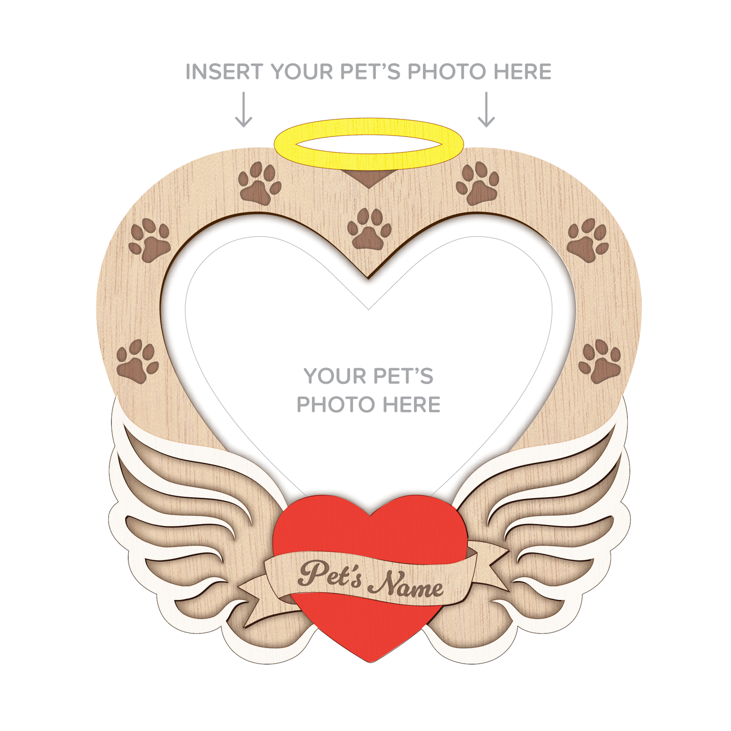 Wooden Angel Wing Heart Pet Photo Frame – Wall Hanging – Personalisable (NATURAL/RED/WHITE/YELLOW)