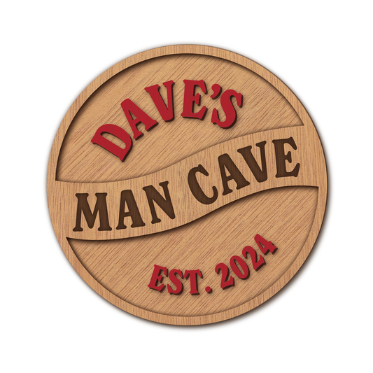 Wooden Man Cave Sign (OAK/RED) Personalised